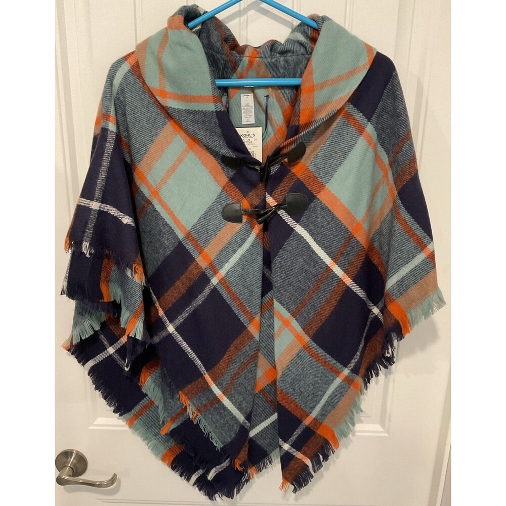 NWT Women’s Style Collective Classic Blue & Rust Plaid Toggle Poncho One Size